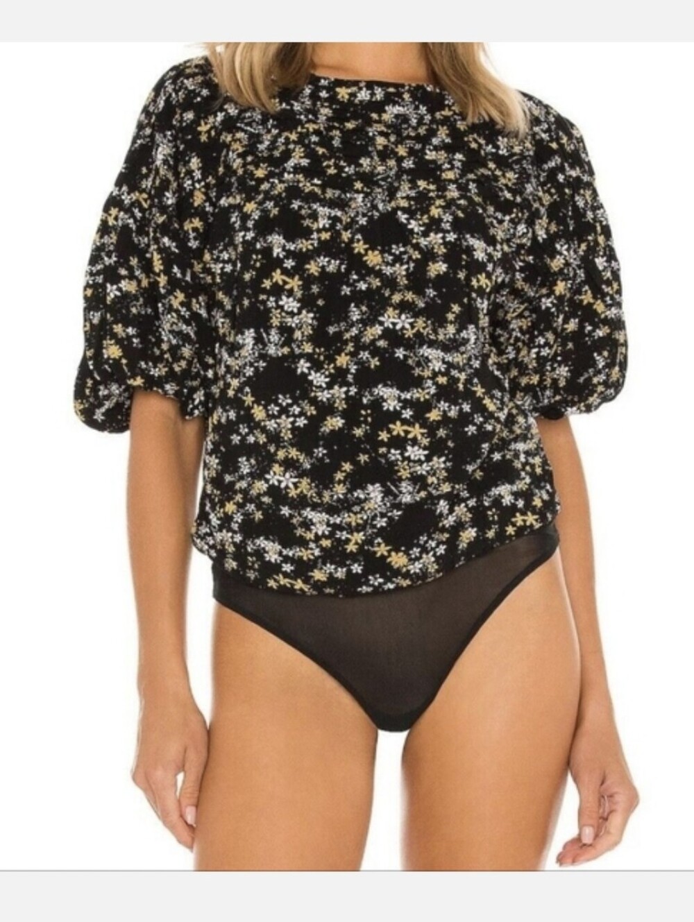 Free People Dessa Floral Bubble Sleeve Bodysuit